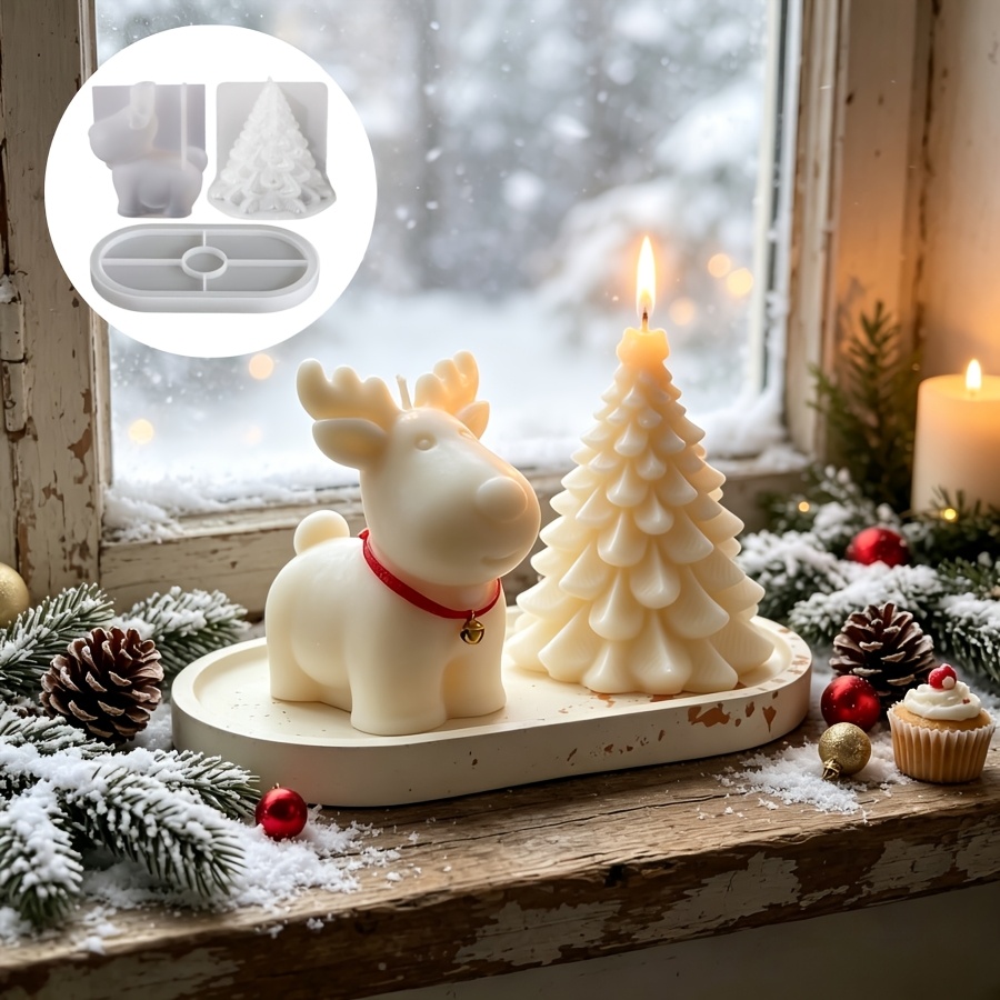 Candle Making Set - Ton-Silikonform 3-teiliges Set: Weihnachtshirsch, Weihnachtsbaum-Kerze und